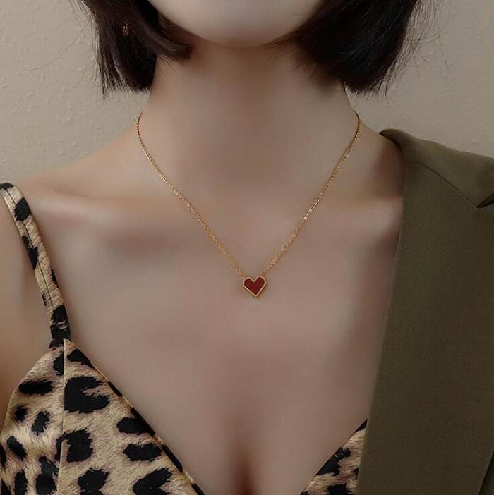 L165 French Entry Lux Red Heart Enamel Clavicle Chain Necklace Stainless Steel 18K Gold Vintage Heart Shaped Clavicle Necklace