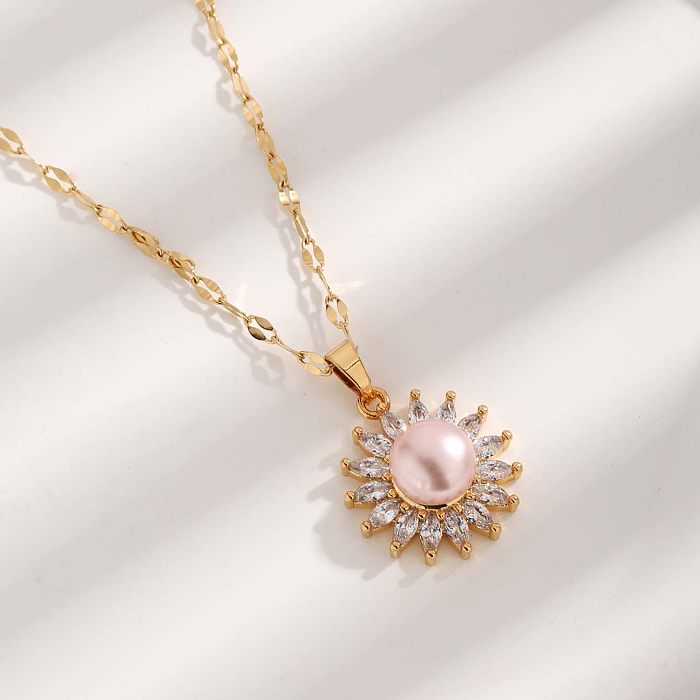 Glam Luxurious Simple Style Flower Stainless Steel Plating Inlay Zircon Gold Plated Pendant Necklace