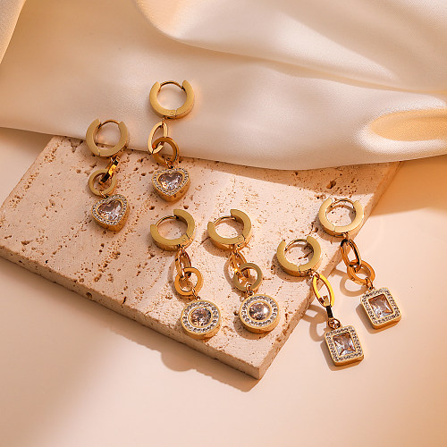 1 paire de boucles d'oreilles pendantes en acier inoxydable et Zircon plaqué or 18 carats, Style Simple, incrustation de placage géométrique