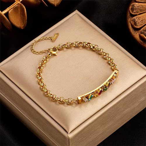Simple Style Commute Rectangle Titanium Steel Inlay Artificial Rhinestones 18K Gold Plated Bracelets