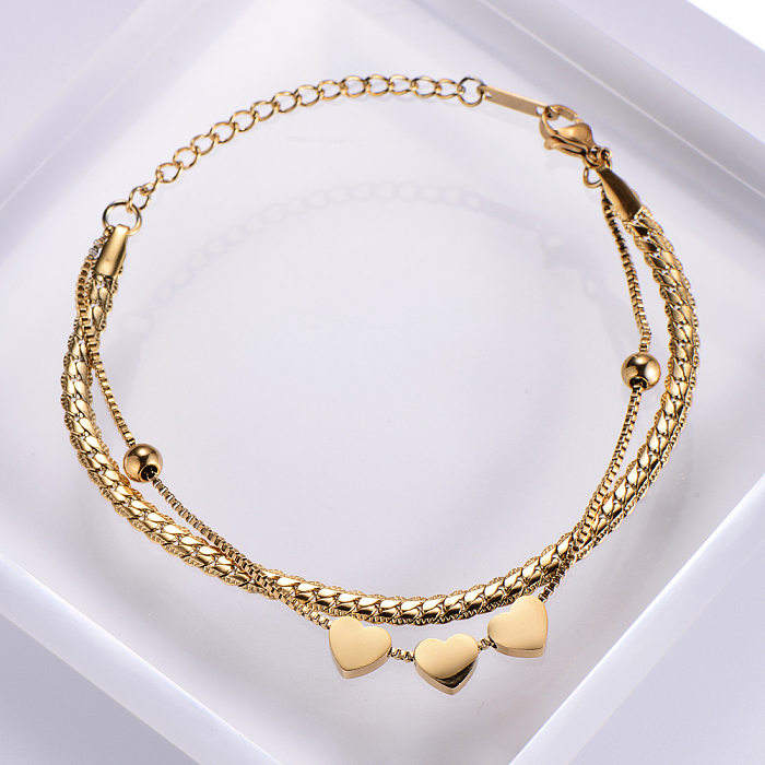 Women's Jewelry Wholesale Stainless Steel 18k Gold Plated Heart Double Bracelet