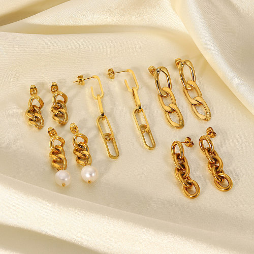 Boucles d'oreilles simples en acier inoxydable, longues chaînes cubaines, bijoux pour dames en or 18 carats