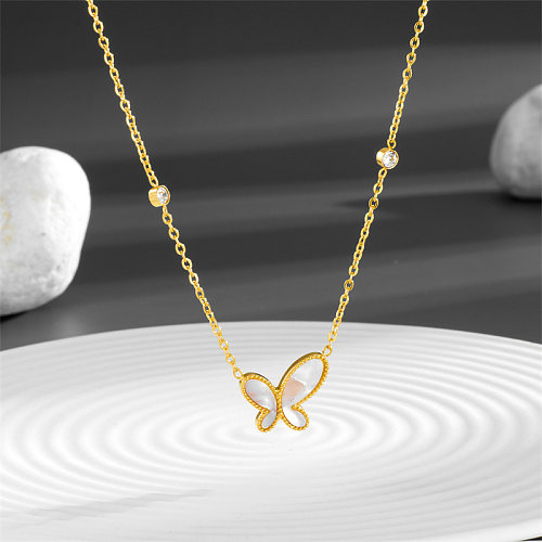 INS Style Sweet Butterfly Stainless Steel Plating Inlay Shell Zircon 18K Gold Plated Necklace