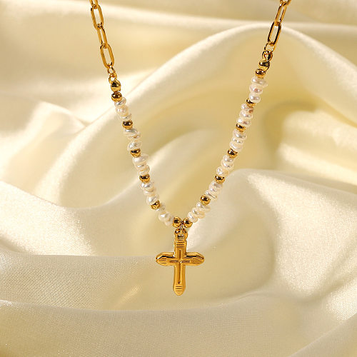 Halskette mit Kreuzanhänger aus 18-karätigem Gold mit natürlichen Süßwasserperlen und Nähten aus Edelstahl