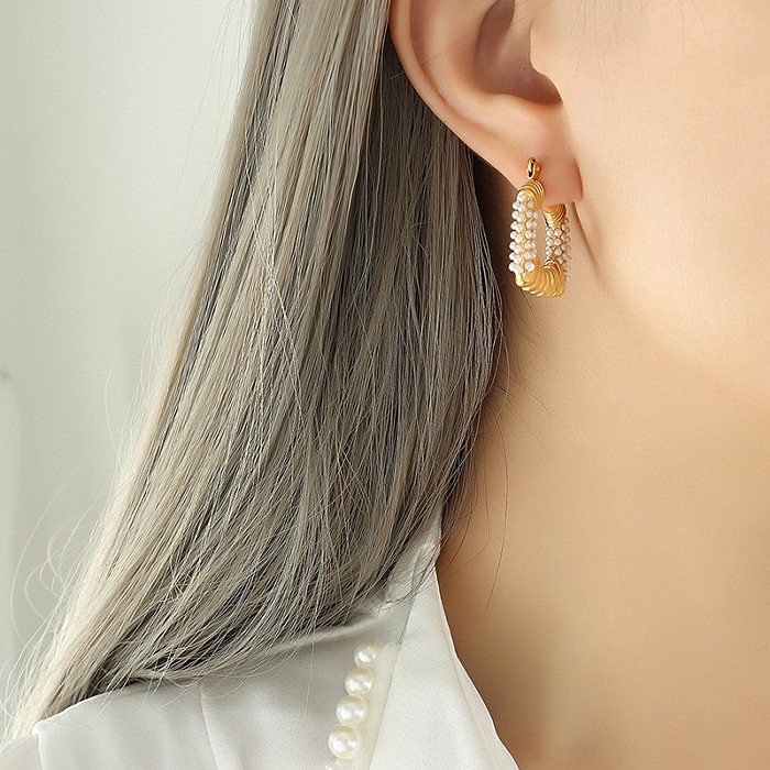 Retro U Shape Stainless Steel Inlay Artificial Pearls Earrings 1 Pair