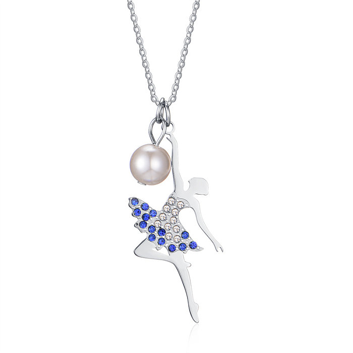 Simple Style Ballet Girl Stainless Steel  Imitation Pearl Inlay Zircon Pendant Necklace Necklace