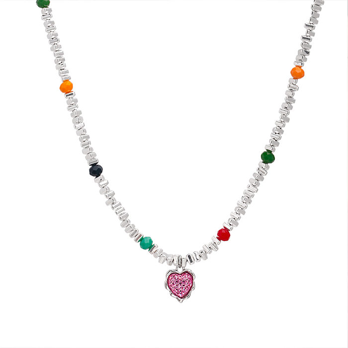 Modern Style Heart Shape Stainless Steel Inlay Artificial Gemstones Pendant Necklace