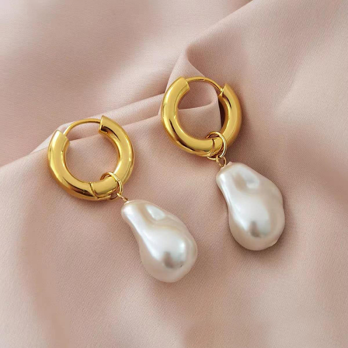 Boucles d'oreilles pendantes en acier inoxydable, 1 paire, placage irrégulier, perles d'eau douce, plaquées or