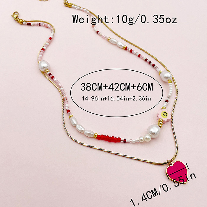 Elegant Sweet Heart Shape Stainless Steel  Beaded Enamel Plating Gold Plated Double Layer Necklaces
