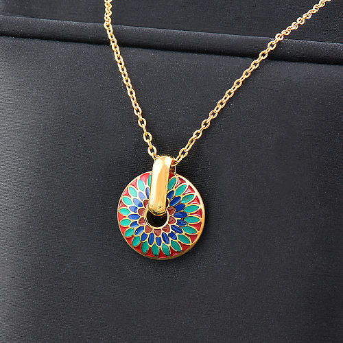 Ethnic Style Flower Stainless Steel Enamel Pendant Necklace 1 Piece