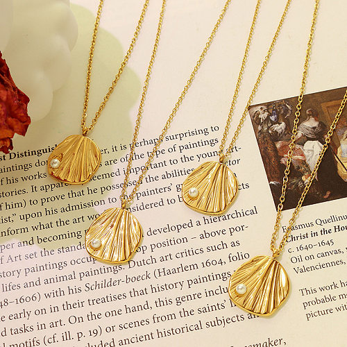 Einfache Damen-Halskette mit Süßwasserperle und Muschel-Muschel, Edelstahl vergoldet, 18 Karat Gold