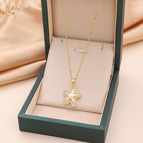 Fashion Starfish Stainless Steel Inlay Artificial Pearls Rhinestones Pendant Necklace