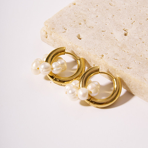 1 paire de boucles d'oreilles rondes en acier inoxydable, Style français et britannique, perles d'eau douce plaquées or 18 carats