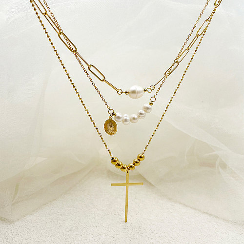 Colares em camadas banhadas a ouro com chapeamento em camadas de aço inoxidável com cruz doce elegante