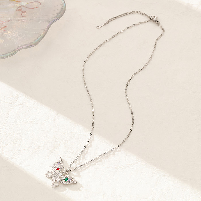 Luxuriöse, sexy Schmetterlings-Anhänger-Halskette mit Inlay aus Zirkon und versilbertem Edelstahl