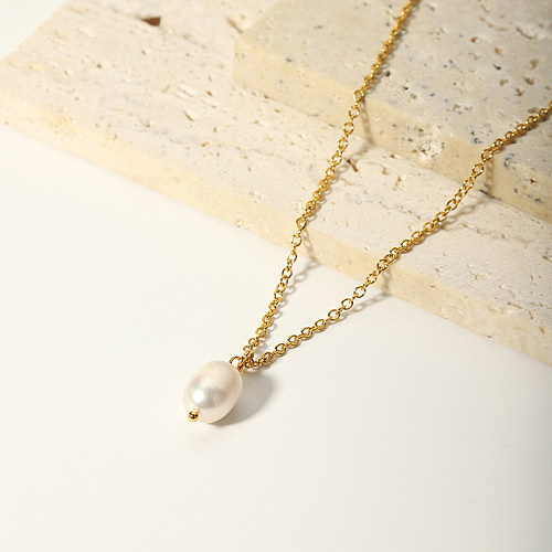 Simple Style Solid Color Stainless Steel  Pearl 18K Gold Plated Pendant Necklace