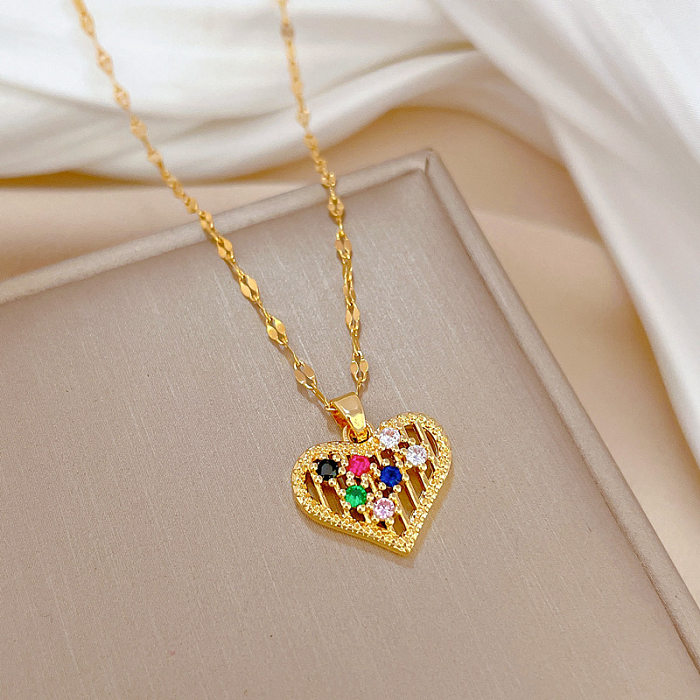 Simple Style Heart Shape Stainless Steel Copper Plating Hollow Out Inlay Zircon Pendant Necklace