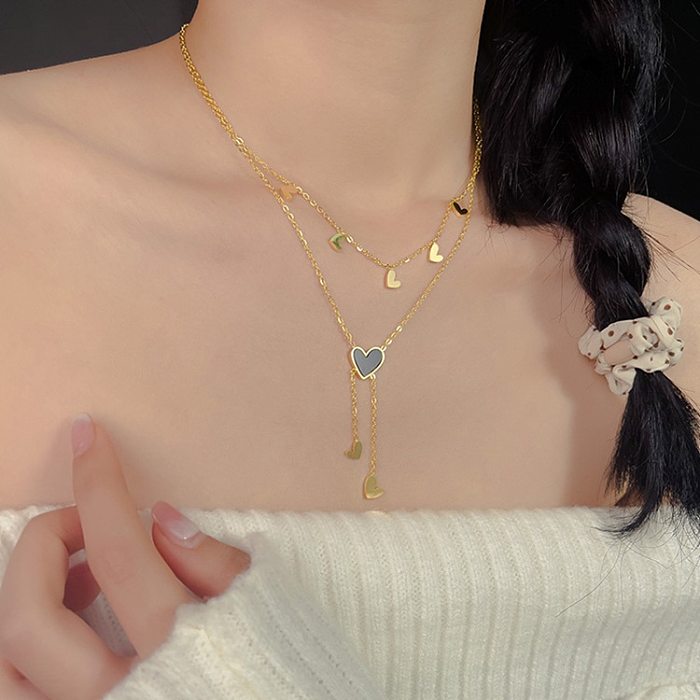 Sweet Simple Style Heart Shape Stainless Steel Plating Inlay Shell 18K Gold Plated Layered Necklaces