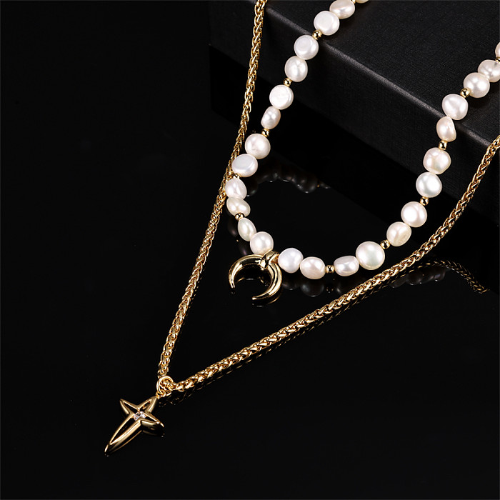 Vintage Style Exaggerated Cool Style Star Moon Stainless Steel  Freshwater Pearl Beaded Plating Inlay Zircon 18K Gold Plated Double Layer Necklaces