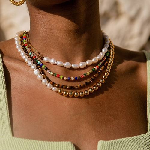 Collier plaqué or 18 carats avec perles d'eau douce géométriques en acier inoxydable de style simple IG en vrac