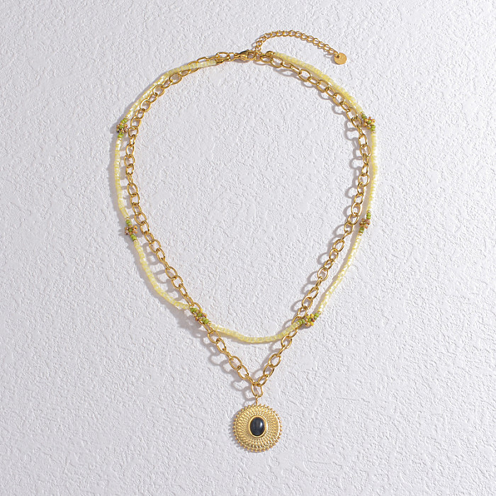 Colliers luxueux ronds en acier inoxydable, incrustation de perles, pierres précieuses artificielles, plaqué or 18 carats, Double couche