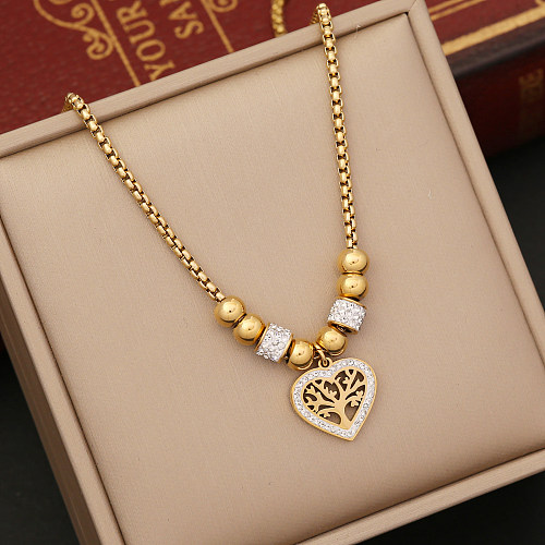 Casual Vintage Style Tree Heart Shape Stainless Steel Plating Hollow Out Inlay Zircon 18K Gold Plated Pendant Necklace