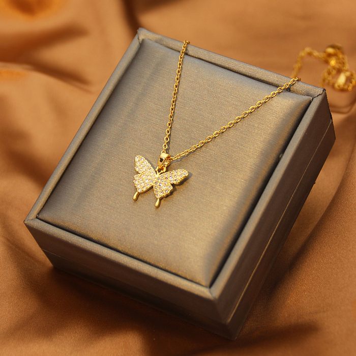 Collar con colgante de diamante artificial con incrustaciones de acero inoxidable con forma de corazón y mariposa a la moda, 1 pieza