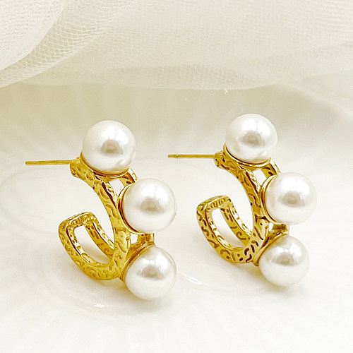 1 par de pendientes elegantes chapados en acero inoxidable con incrustaciones de perlas chapadas en oro con forma de C dulce