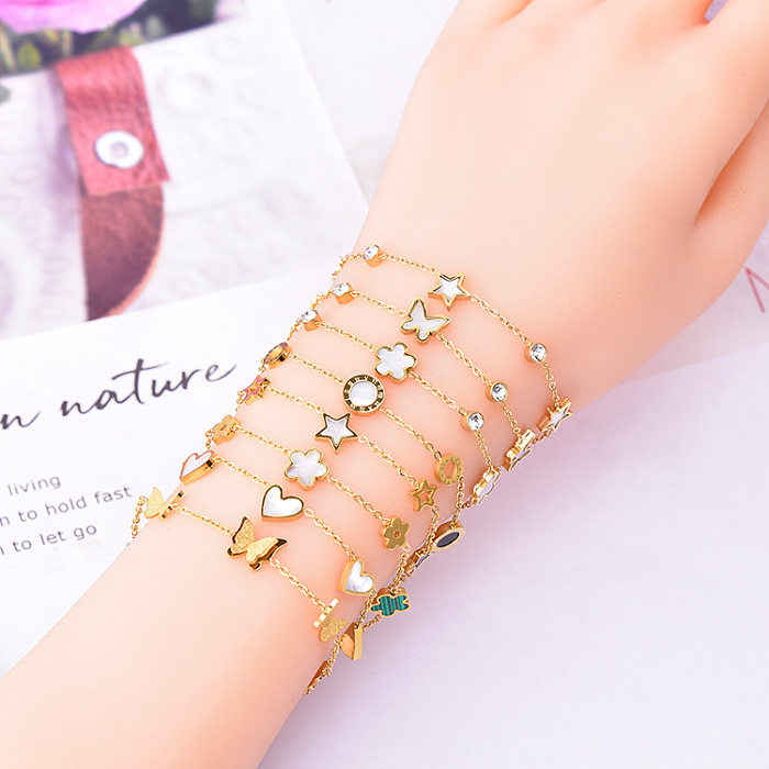 Casual Simple Style Star Flower Butterfly Titanium Steel Plating Inlay Shell Bracelets