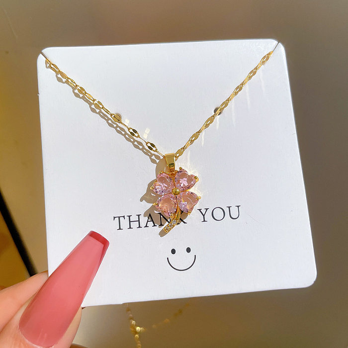 Fashion Flower Stainless Steel Copper Inlay Zircon Pendant Necklace
