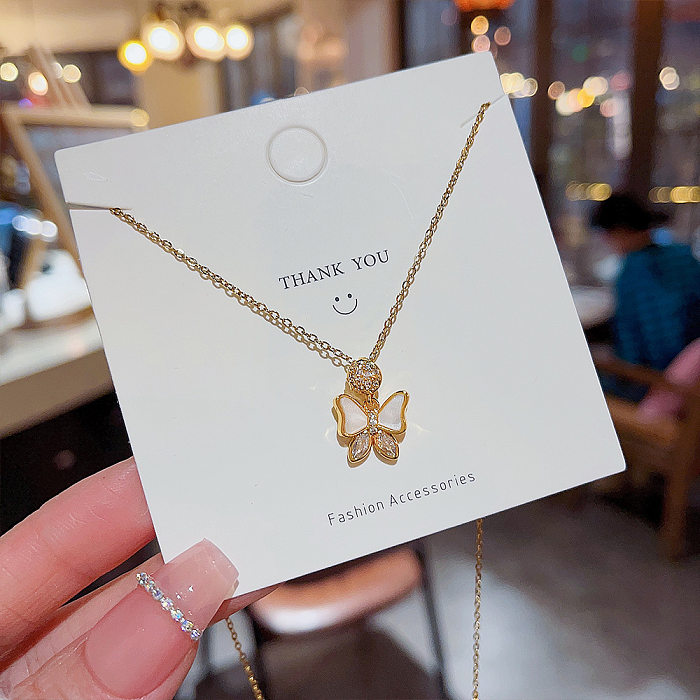 1 Piece Cute Butterfly Stainless Steel Inlay Zircon Pendant Necklace