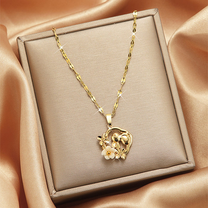 Damen-Halskette mit Herz-Form-Blume, Edelstahl, vergoldet, Zirkon-Anhänger, in großen Mengen