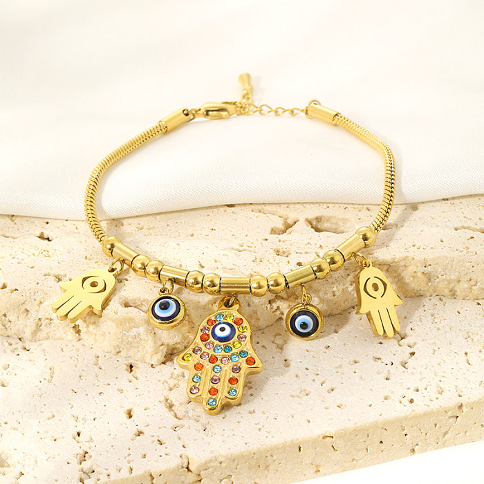 Cool Style Shiny Hand Eye Stainless Steel Layered Plating Inlay Zircon 18K Gold Plated Bracelets