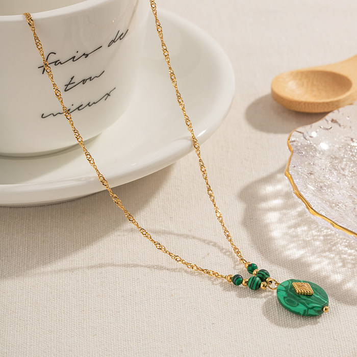 IG Style Simple Style Oval Stainless Steel  Malachite Plating 18K Gold Plated Pendant Necklace