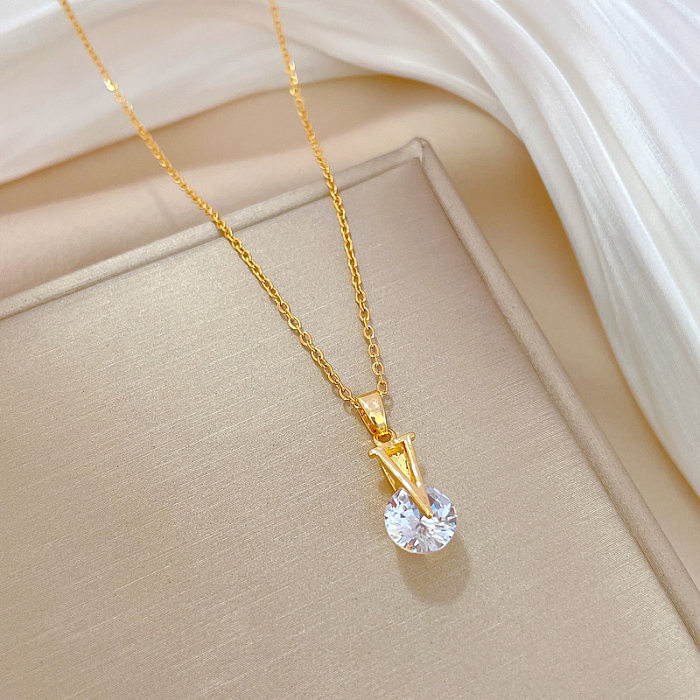 Glam Letter Stainless Steel  Copper Inlay Zircon Pendant Necklace