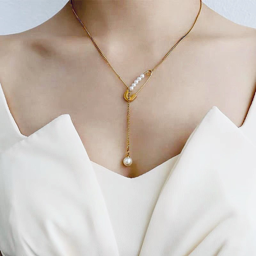 Modern Style Streetwear Geometric Stainless Steel  Imitation Pearl Plating Gold Plated Pendant Necklace