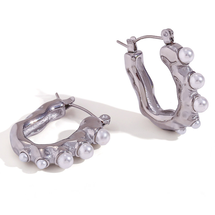 1 Paar elegante U-förmige, plattierte Inlay-Ohrringe aus Edelstahl mit Perle und 18-Karat-Vergoldung