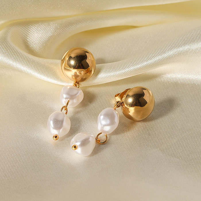 1 Pair IG Style Elegant Oval Pearl Plating Stainless Steel  18K Gold Plated Drop Earrings