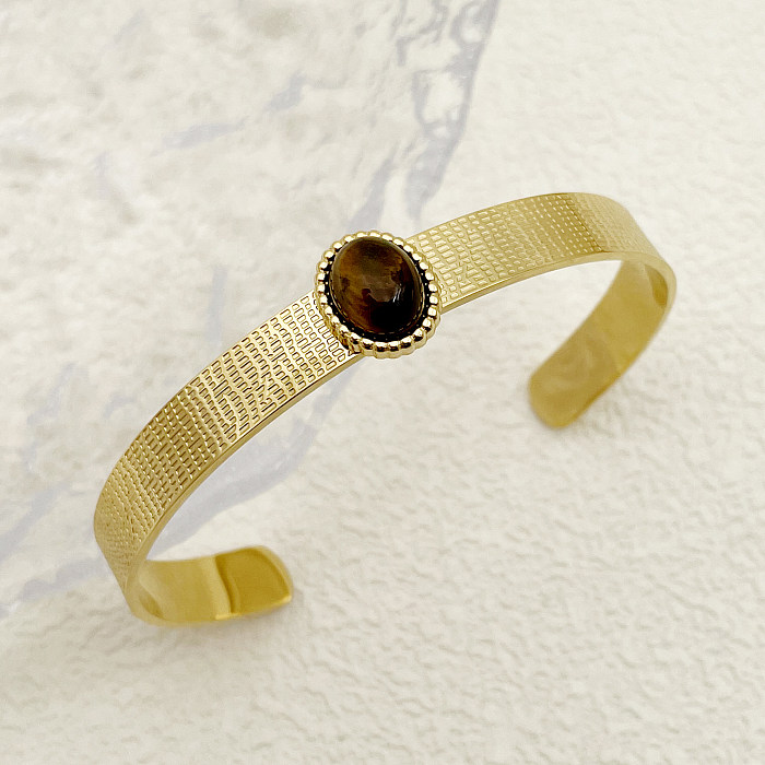 Estilo nórdico estilo vintage oval aço inoxidável chapeamento incrustação pedra natural 14k pulseiras banhadas a ouro