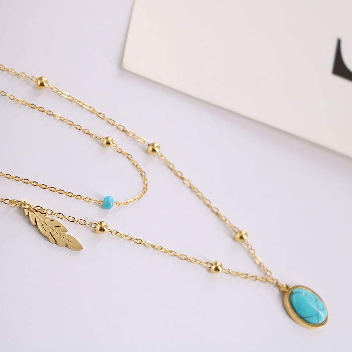 Wholesale Vintage Style Leaf Oval Stainless Steel Turquoise Layered Necklaces