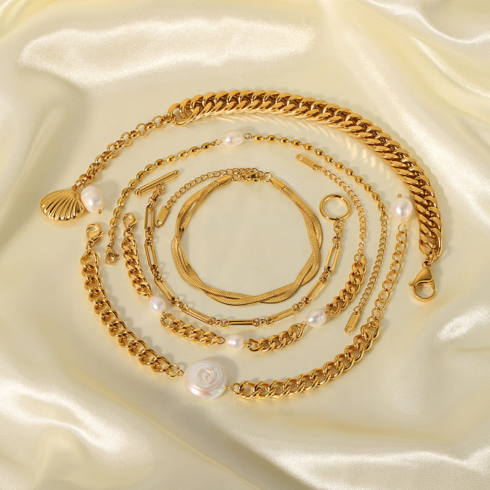 Hip-Hop Vintage Style Solid Color Stainless Steel 18K Gold Plated Freshwater Pearl Bracelets In Bulk