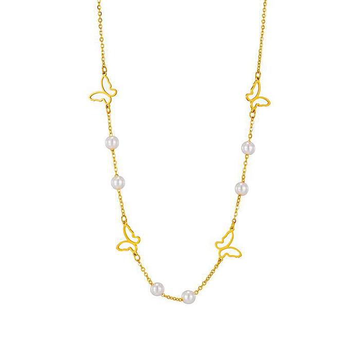 Elegante, schlichte Halskette mit vierblättrigem Kleeblatt und Stern-Schmetterling aus Edelstahl mit ausgehöhltem Inlay und künstlichen Perlen