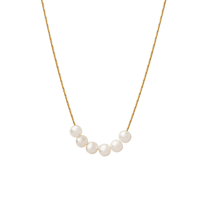 Einfache Halskette mit geometrischem Edelstahl-Inlay und künstlichen Perlen, 18 Karat vergoldet