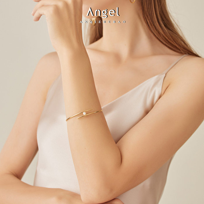 Pulsera de acero inoxidable de lujo ligera para mujer con perlas simples