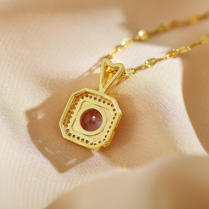 Elegant Luxurious Round Square Stainless Steel Copper Inlay Zircon Pendant Necklace