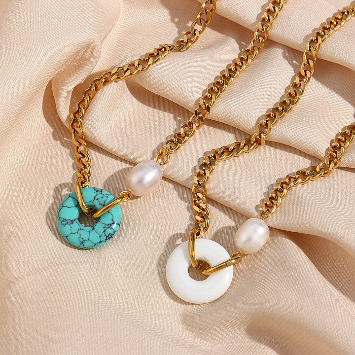 Einfache Halskette mit geometrischem Anhänger aus Edelstahl mit Türkis-Achat-Beschichtung