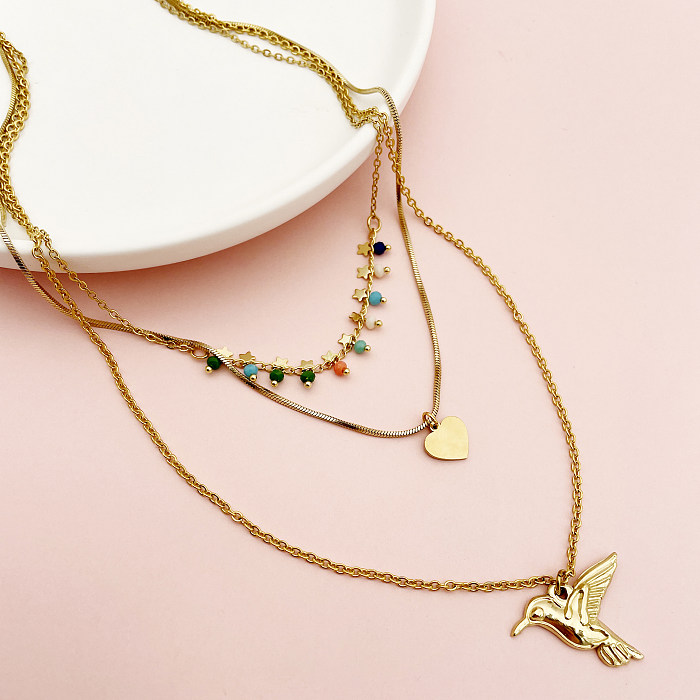 Modern Style Heart Shape Bird Stainless Steel  Layered Plating Gold Plated Layered Necklaces
