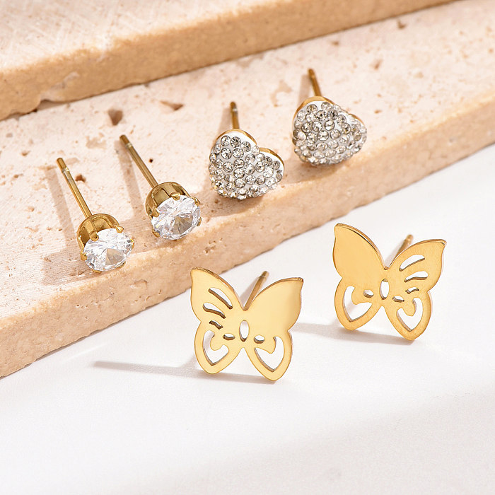 3 pares estilo simples comute formato de coração borboleta chapeamento incrustação de aço inoxidável zircão 14K brincos banhados a ouro