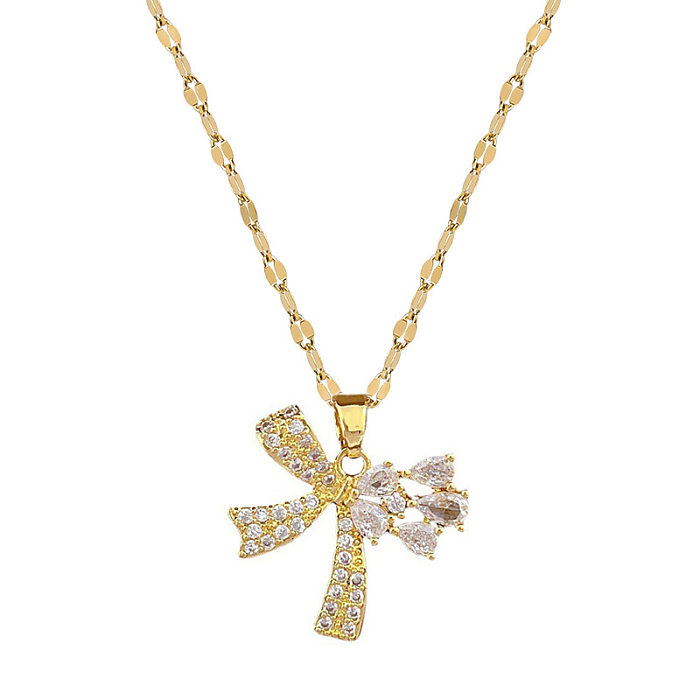 Retro Bow Knot Stainless Steel Copper Inlay Rhinestones Pendant Necklace