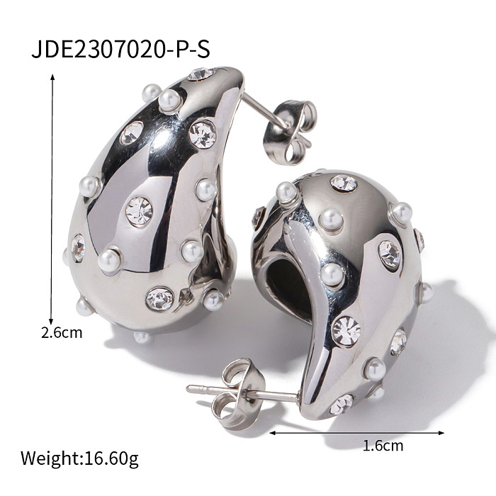 1 Pair IG Style Casual Water Droplets Plating Inlay Stainless Steel  Rhinestones Pearl 18K Gold Plated Ear Studs